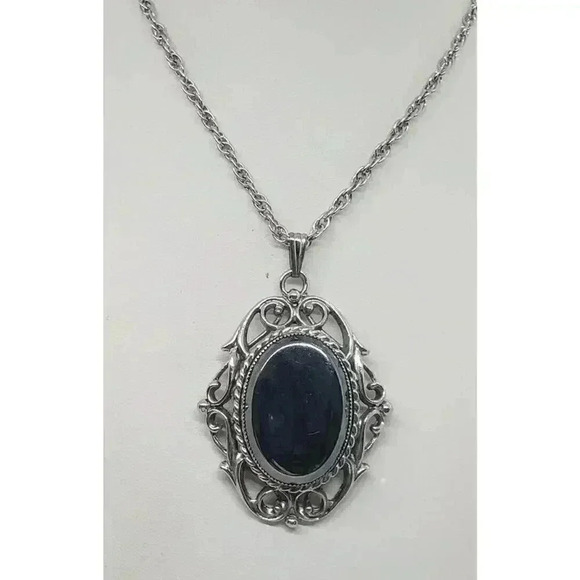 Victorian Revival Hematite Glass Necklace Filigree Whiting & Davis Vintage - Picture 1 of 7